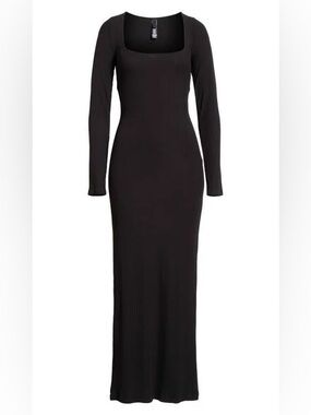 SKIMS Soft Lounge Long Sleeve Viral Kardashian Dress XXS Black Ribbed Knit NWT